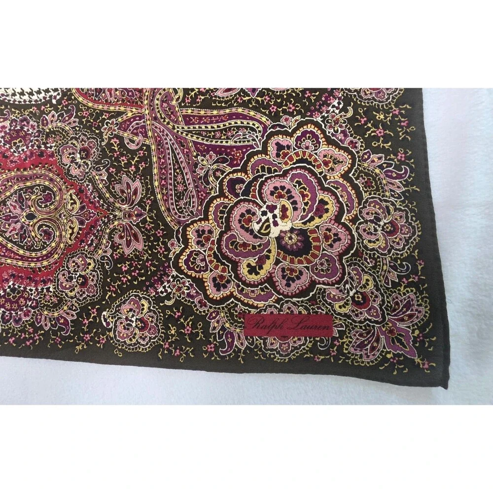 Ralph Lauren Paisley & Houndstooth Check Silk Scarf Olive Green & Magenta 32x32